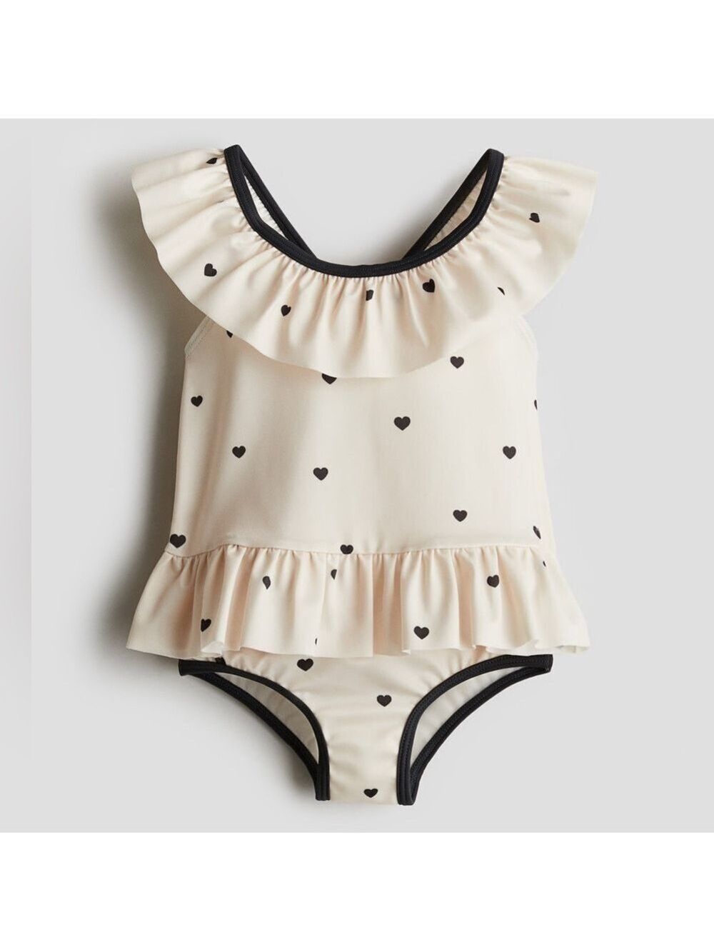 H&M Neutrals Baby Girl Heart Print Ruffle Trim Loose Fit Swim Top & Bottoms